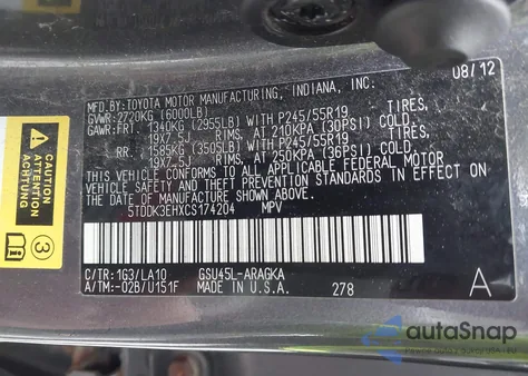 2012 Toyota Highlander Limited V6 from USA, damaged, VIN 5TDDK3EHXCS174204